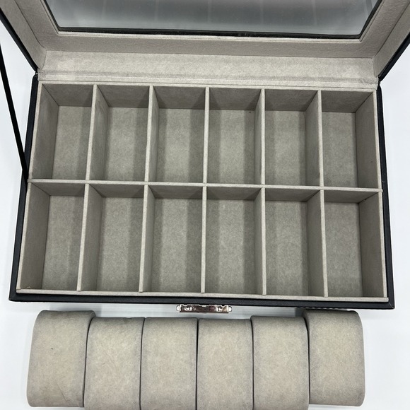 12 Watch Display Box Organizer Pu Leather With Glass Top Large Black Sodynee - Picture 3 of 8